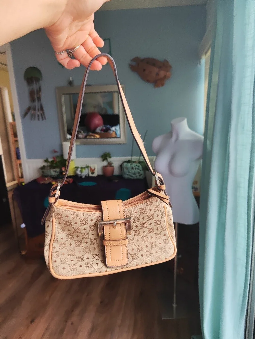Beige Canvas Shoulder Bag with Buckle Detail